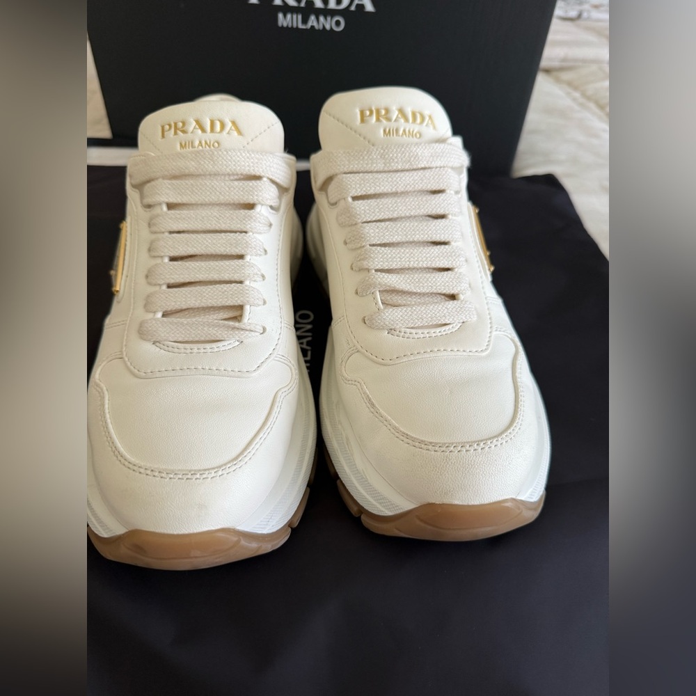 Prada leather Cream Sneakers with Brown Sole - Picture 11 of 15